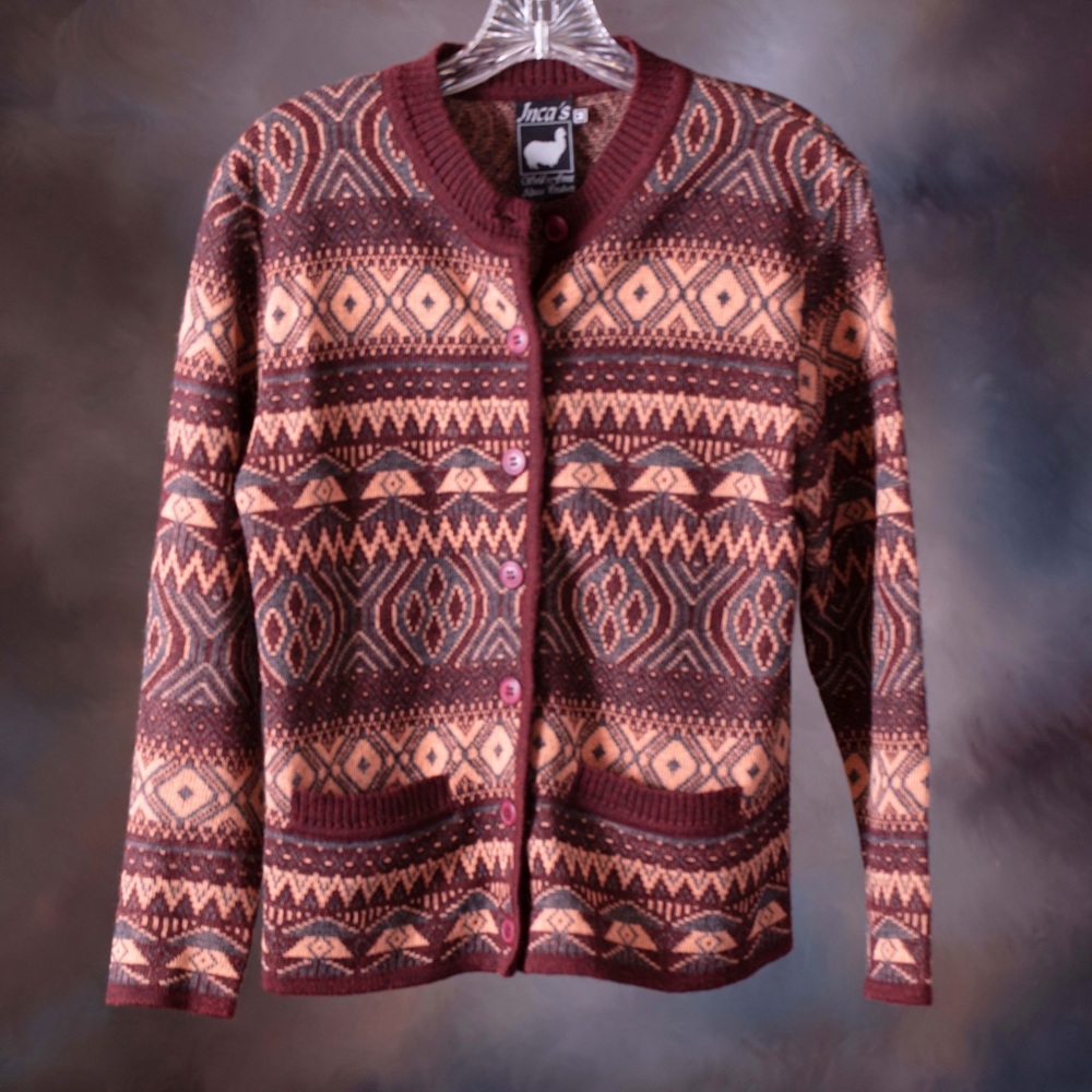 Inca's 100% Alpaca wool tribal print button down sweater Medium